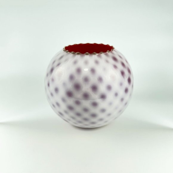 Vintage Kanawha Glass Round Vase Ruby Red Satin Opalescent Diamond Optic Quilt - Picture 5 of 6